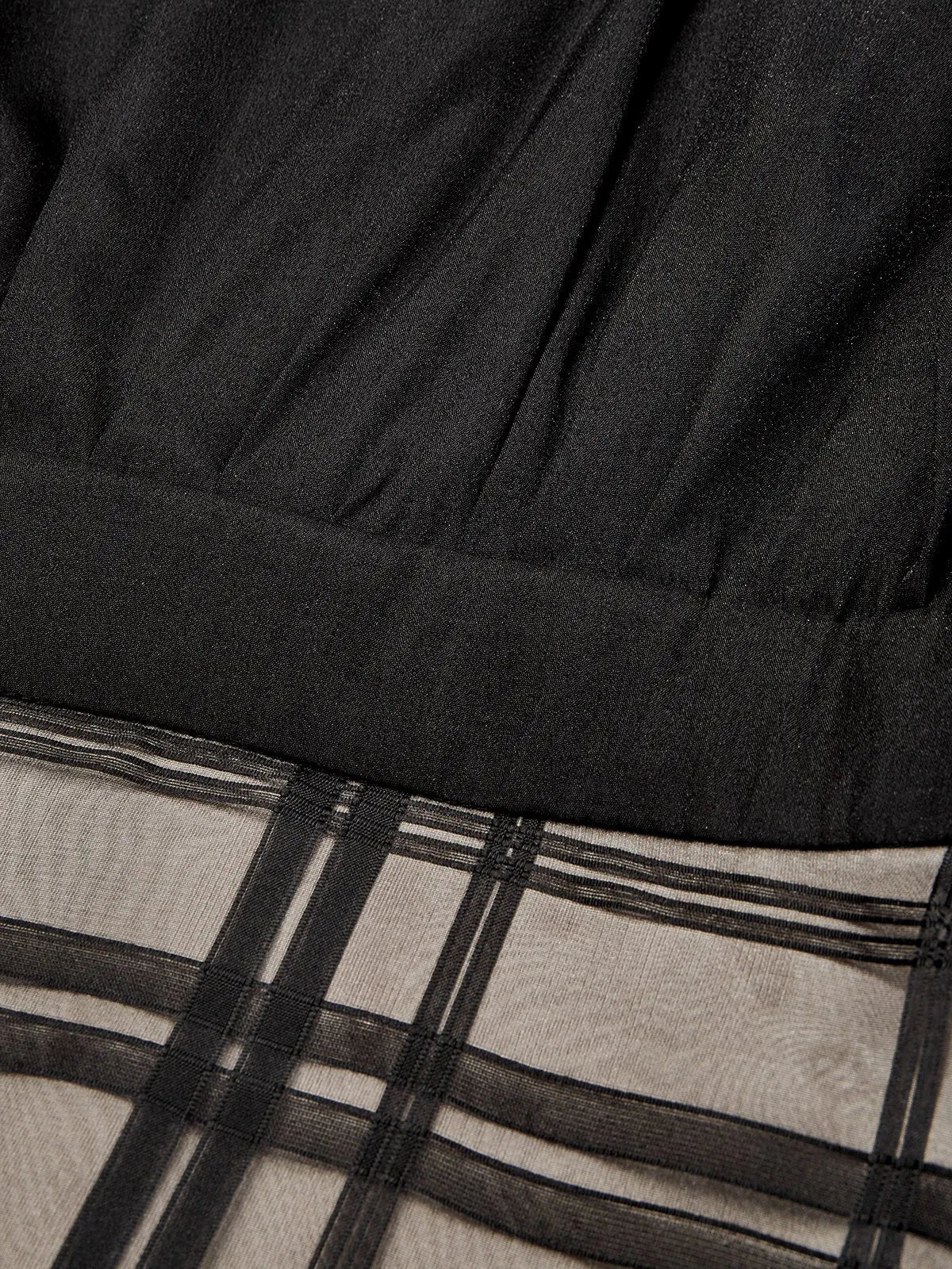 Black Organza Plaid Classic Mock Neck Sleeveless A-Line Midi Dress