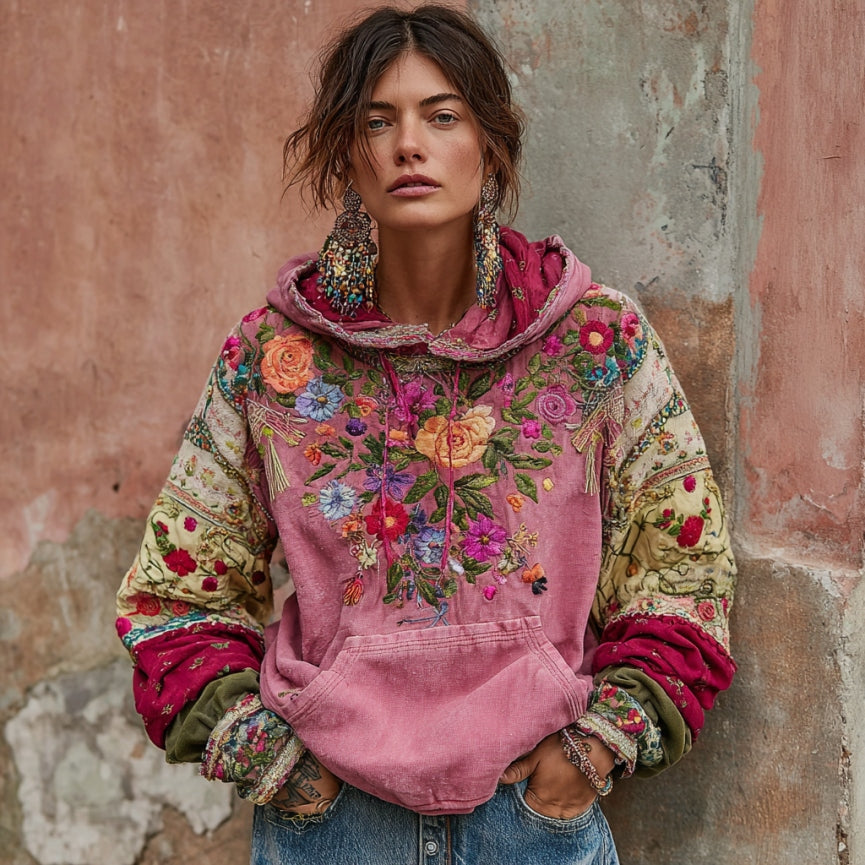 Women's Vintage Bohemian Floral Embroidery Patchwork Art Casual Hoodie