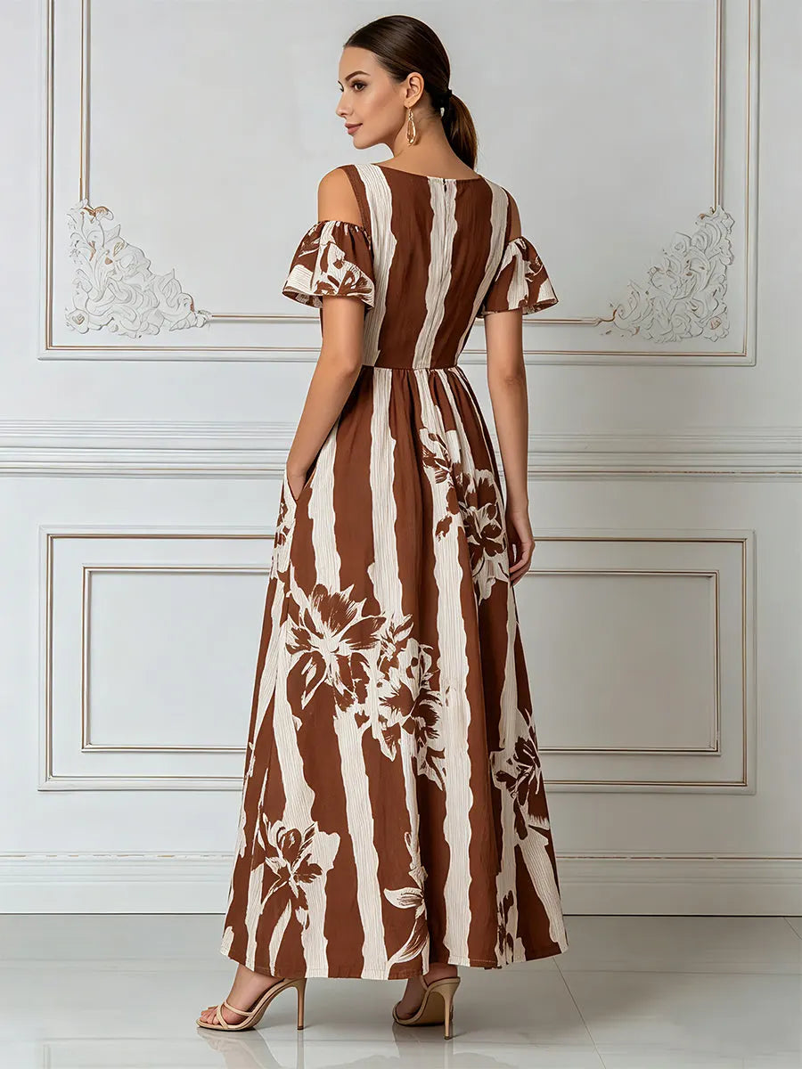 Earthy Striped Floral Print Cold-Shoulder Maxi Dress