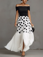 Black Off Shoulder Ruched Top And White Polka Dot Chiffon Pleated Skirt Set