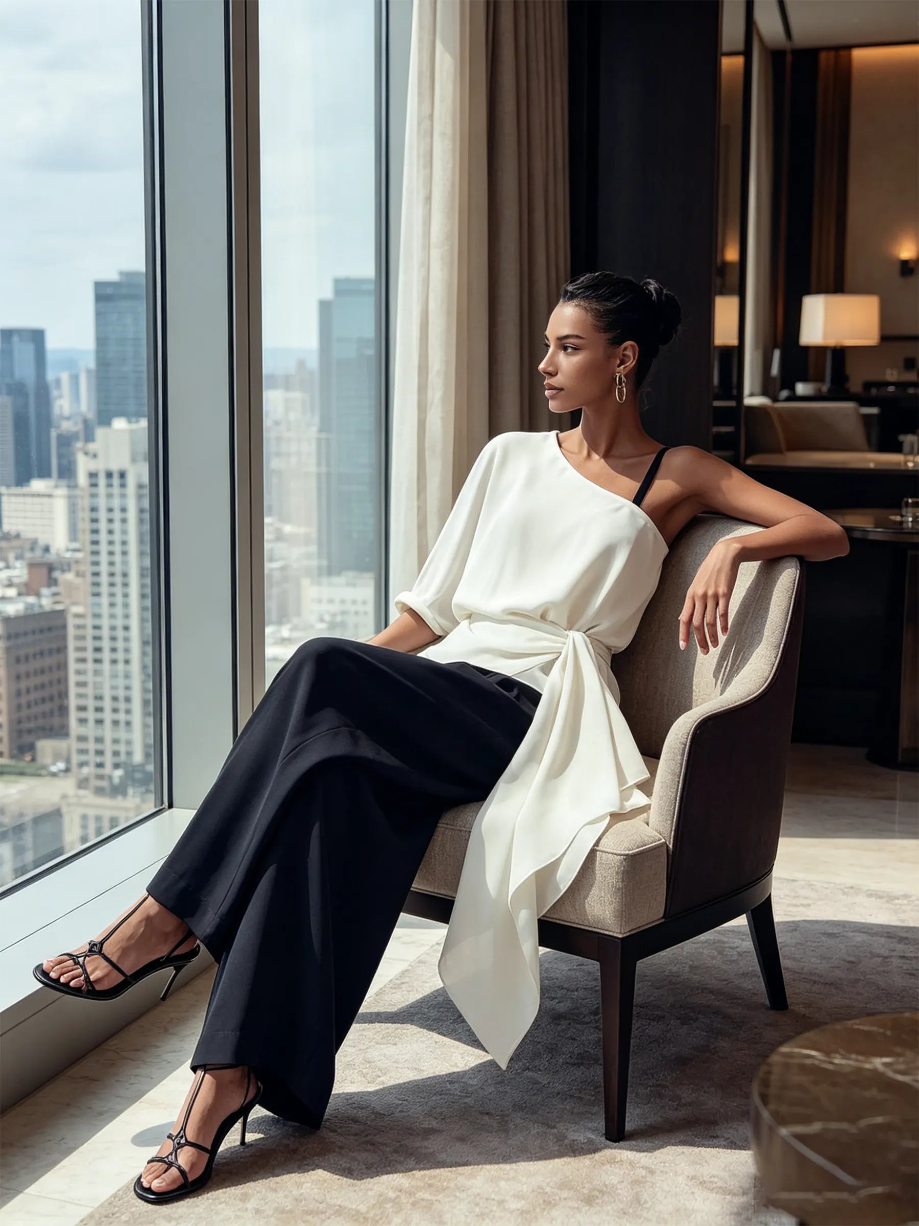 Asymmetric One-Shoulder Tie-Waist Top & Wide-Leg Trousers Co-Ord Set