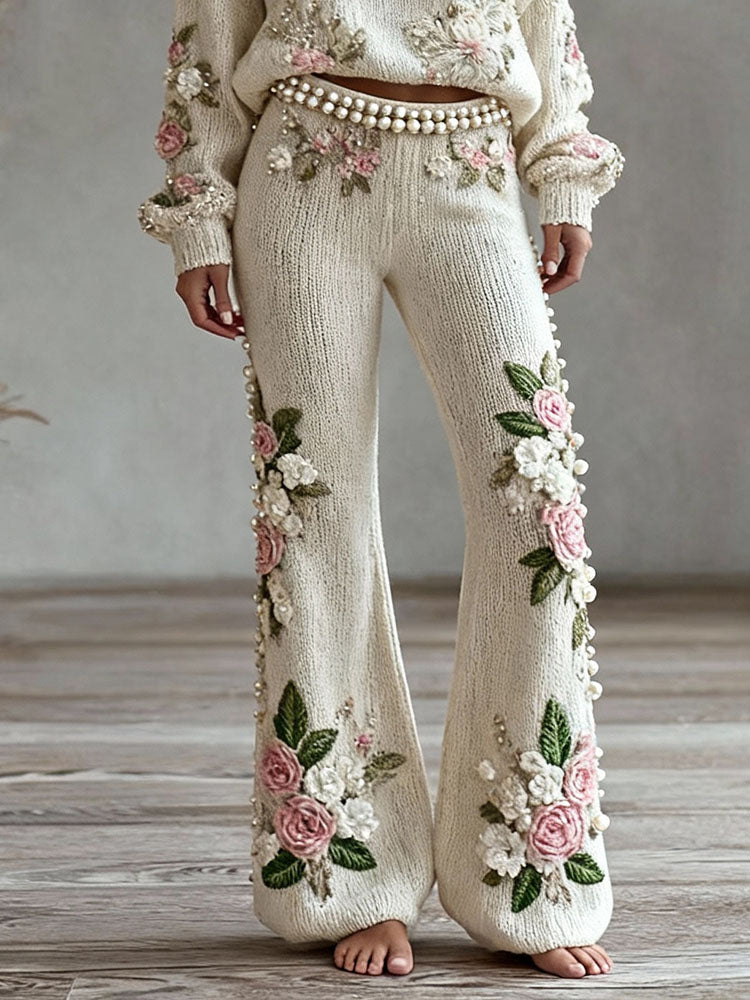 Women's Pink Floral Embroidered Art Knit Pants