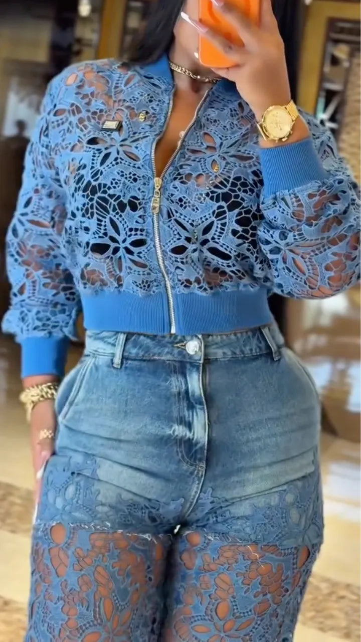 Women's Cut-out Lace Zip-up Top & Lace-Paneled Jeans Set