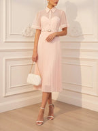 Pink Pleated Classic Shirt Collar Short Sleeve A-Line Midi Dress