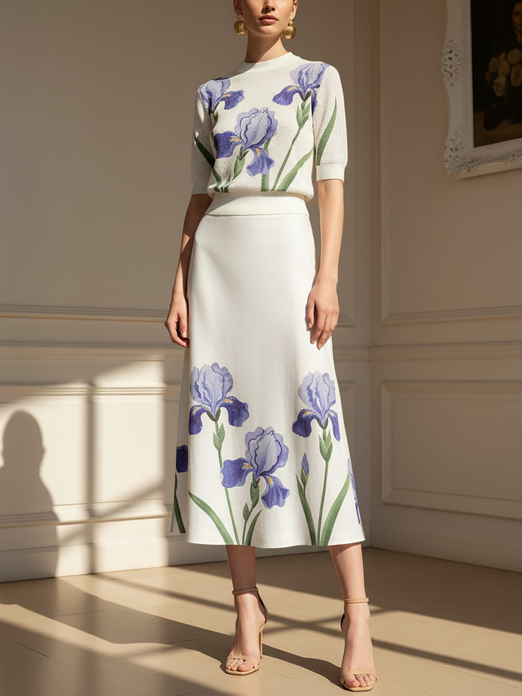 Midi Linen Skirt,  Floral, Vintage, White