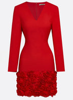 Red 3D Floral Classic V Neck Long Sleeve Sheath Mini Dress
