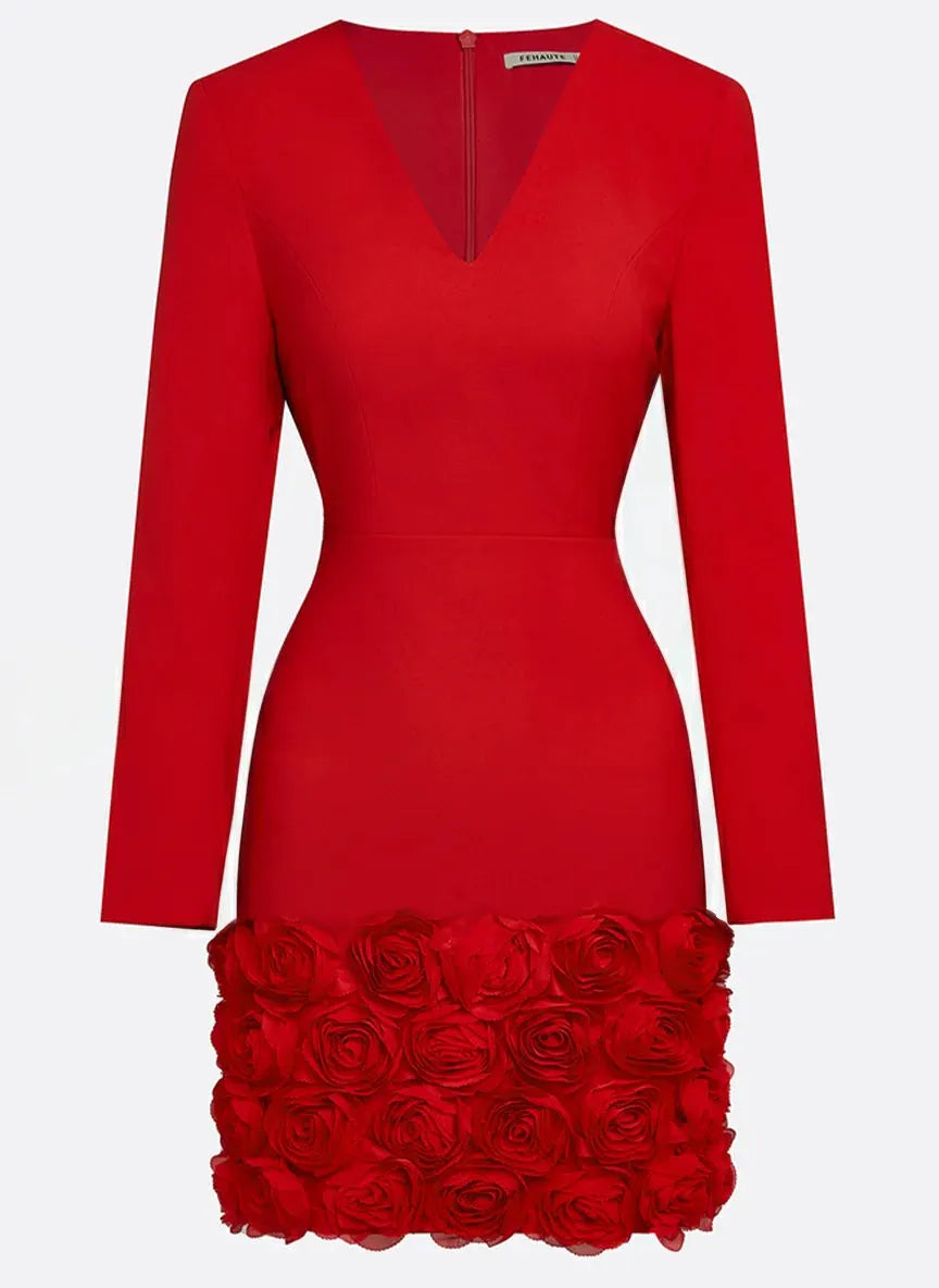 Red 3D Floral Classic V Neck Long Sleeve Sheath Mini Dress