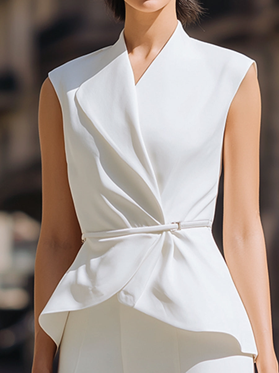 Asymmetric Draped Peplum Top Slit Wide-Leg Pants Set