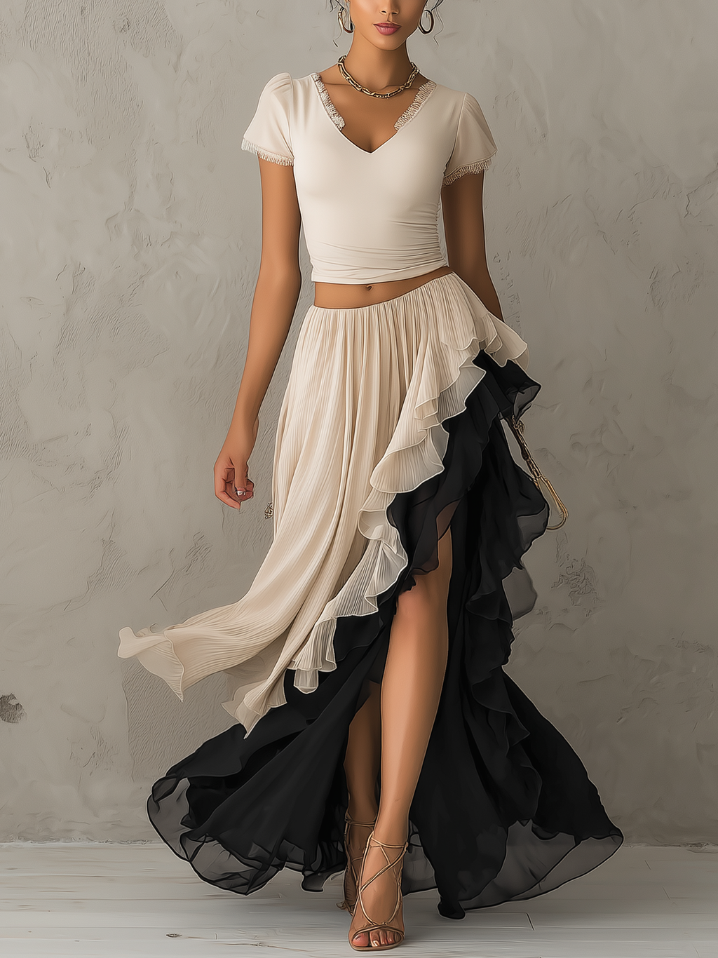 Beige Lace Patchwork Top And Contrast Layered Chiffon Skirt Set