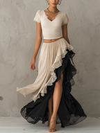 Beige Lace Patchwork Top And Contrast Layered Chiffon Skirt Set