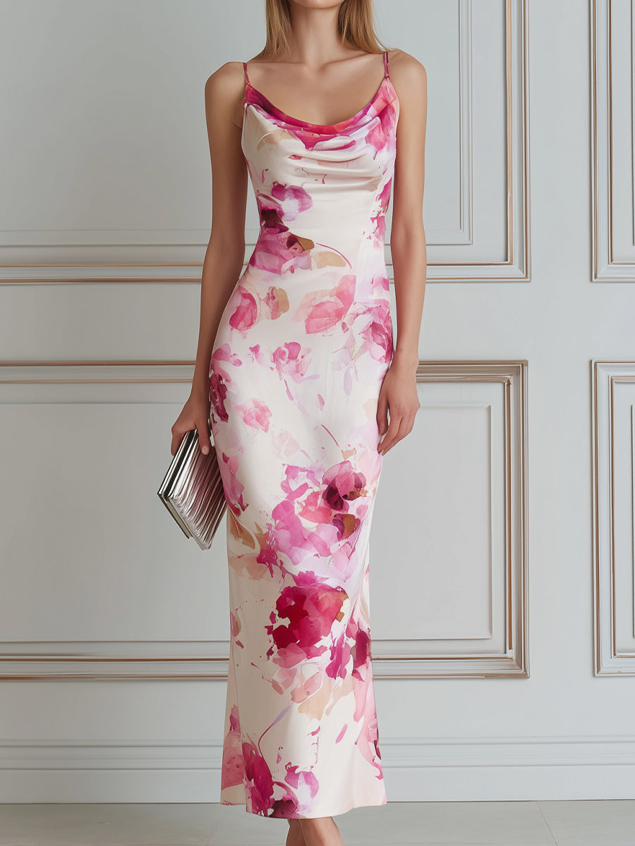 Cowl-Neck Floral Print Bodycon Maxi Dress