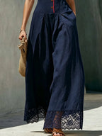 Color-blocked V-neck Cotton And Linen Patchwork Lace Sleeveless Jumpsuit