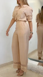 Lace Eyelet Shirt + High Waist Lace Hem Flared Pants Two Piece