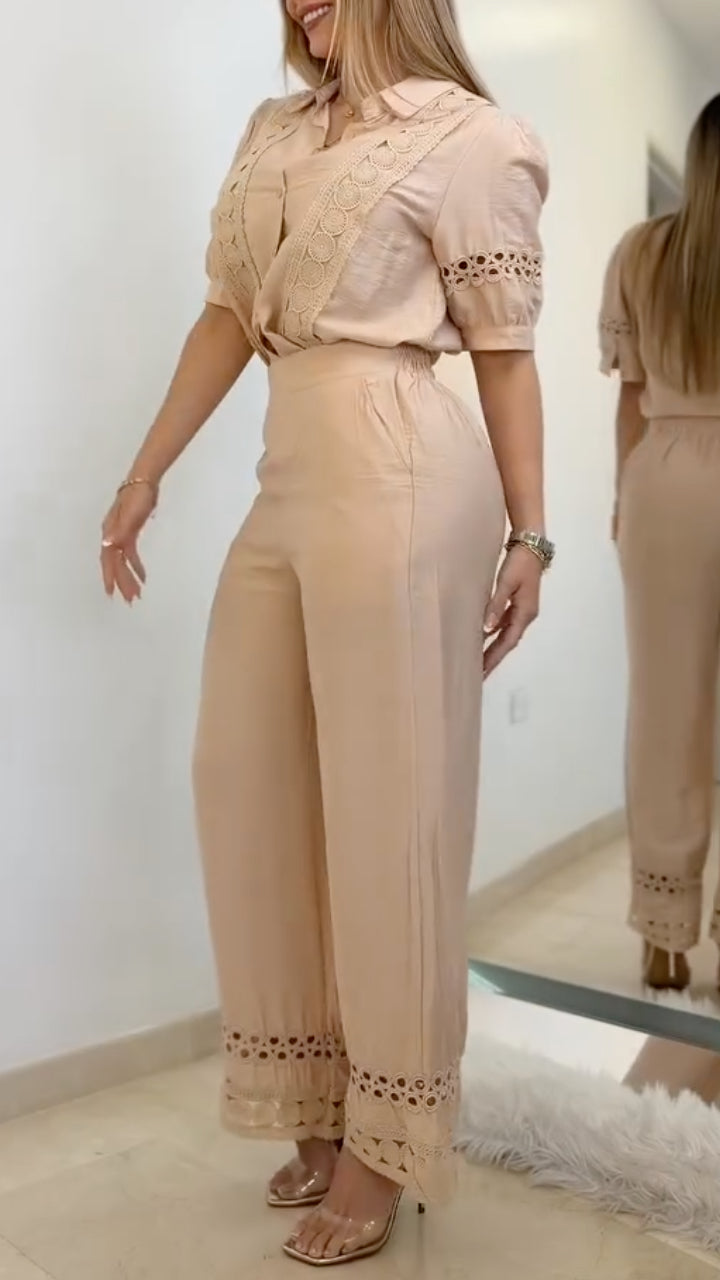 Lace Eyelet Shirt + High Waist Lace Hem Flared Pants Two Piece