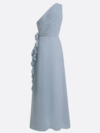 Light Blue 3D Floral Chiffon One Shoulder Sleeveless Sheath Maxi Dress