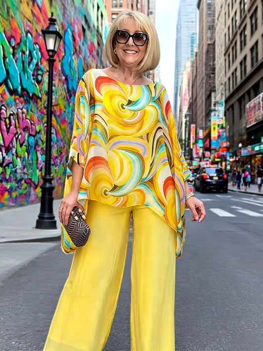 Vibrant Swirl Print Chiffon 2‐Piece Outfit, Loose Boat Neck Tunic Top & Bright Wide‐Leg Pants Set for Women