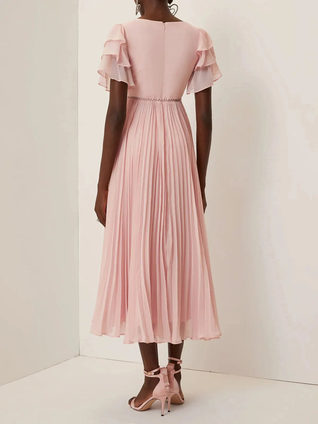 Pink Pleated Rhinestone Chiffon V Neck Short Sleeve Ruffle Sleeve A-Line Maxi Dress
