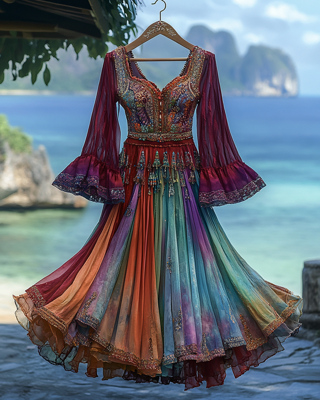 Elegant contrast color vacation rainbow maxi dress c74e
