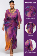 Xpluswear Design Plus Size Cocktail Party Purple Tie Dye Round Neck Flare 3/4 Sleeve Ruched Chiffon Maxi Dresses