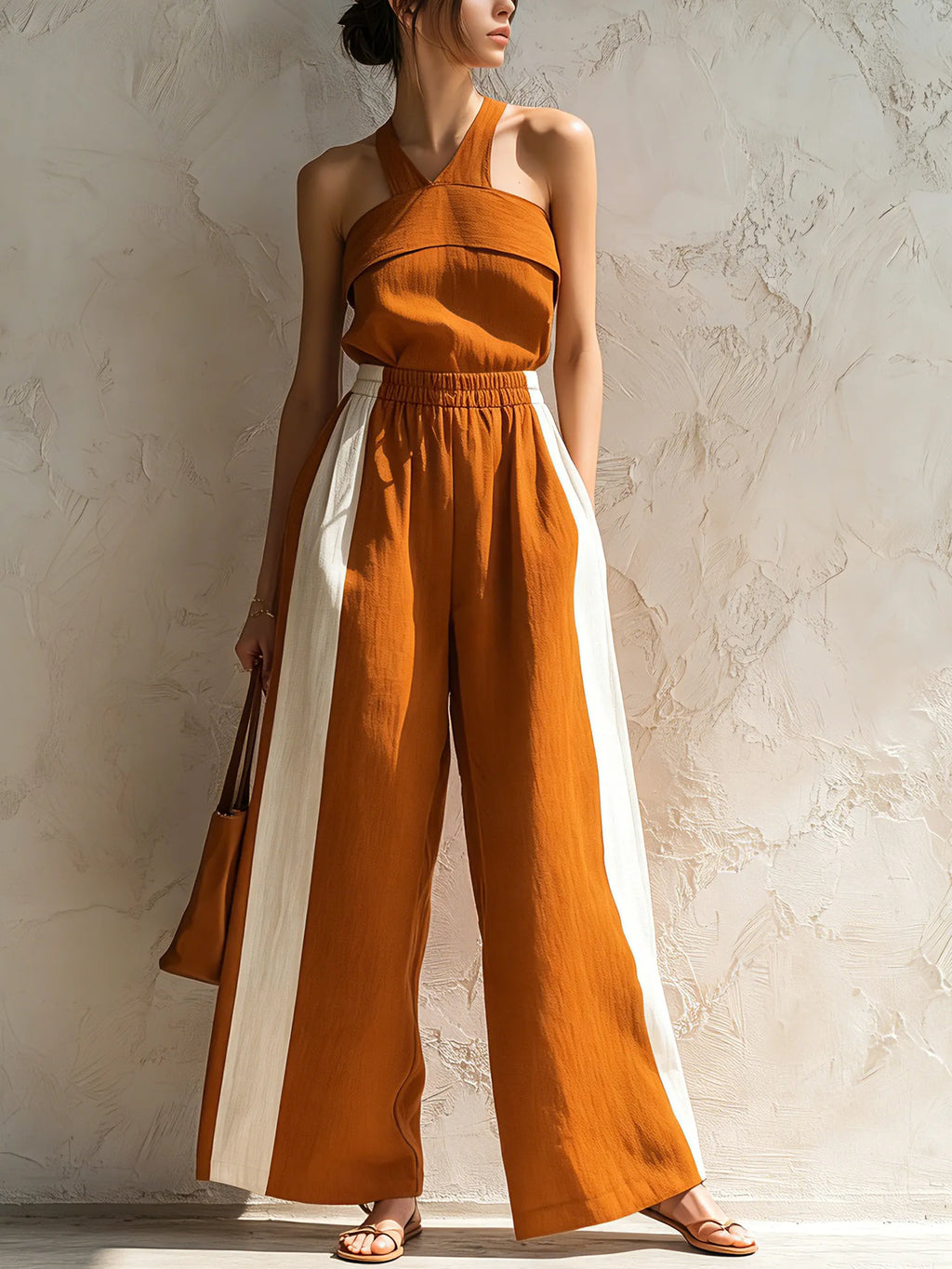 Burnt Orange Halter Neck Color Block Wide-Leg Jumpsuit