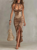 Bohemian Halter Lace Trim Corset Ruched Midi Dress