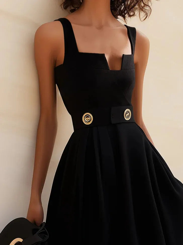 Black Buckle Notched Sleeveless A-Line Midi Dress With Pockets