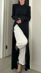 Stand Collar Shoulder Pad Long Sleeve Slit Maxi Tunic Top