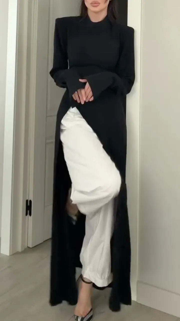 Stand Collar Shoulder Pad Long Sleeve Slit Maxi Tunic Top