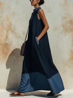 Dark Blue Denim Contrast Hem Sleeveless Maxi Dress