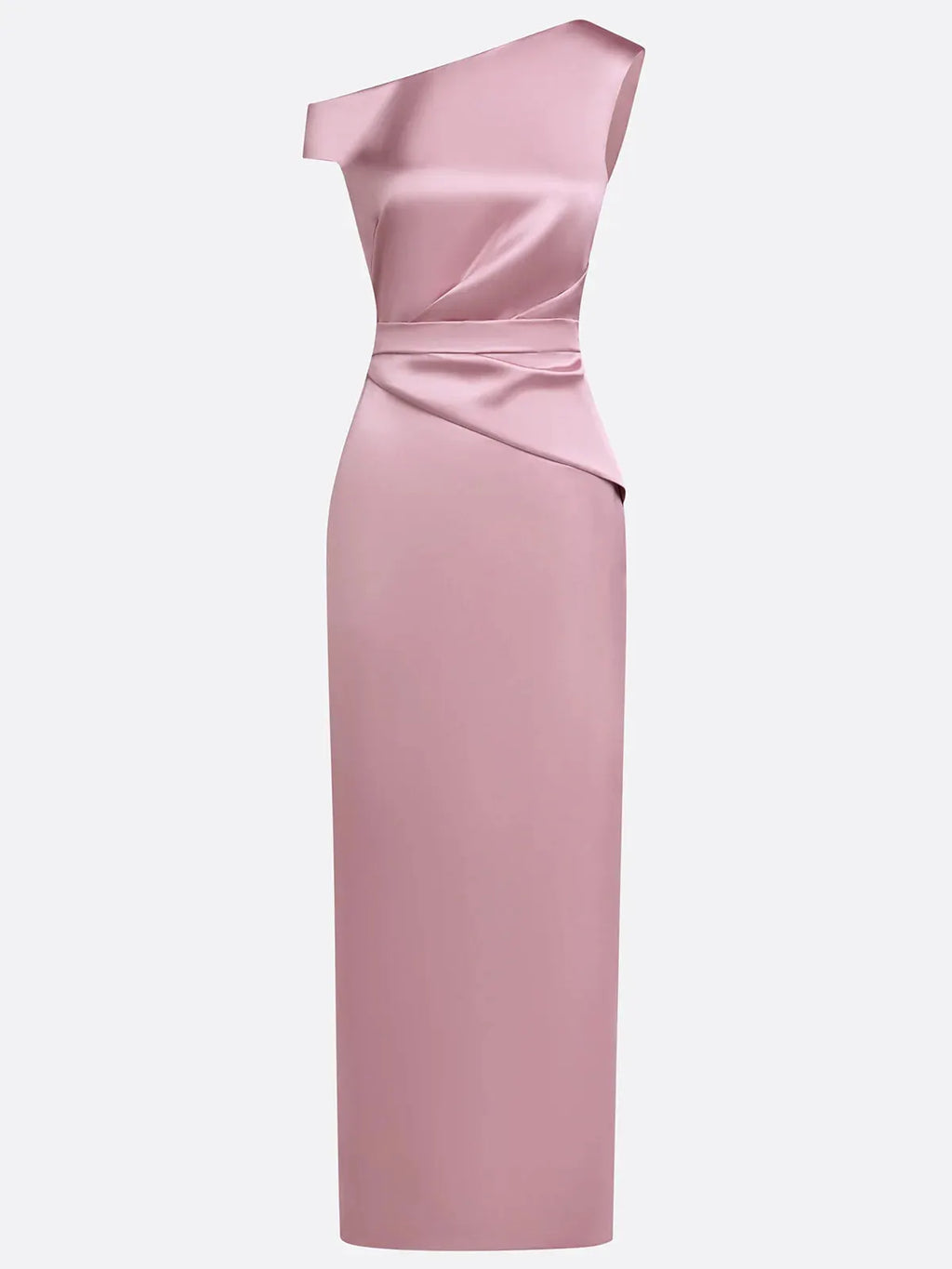 Pink Satin One Shoulder Sleeveless Sheath Gown Dress