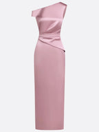 Pink Satin One Shoulder Sleeveless Sheath Gown Dress