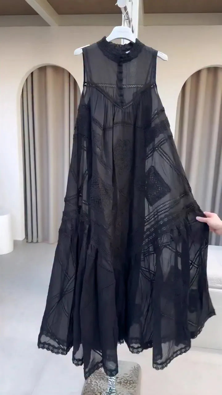 High Neck Eyelet Lace Sheer Maxi Dress