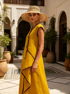 Asymmetrical Linen-Blend Midi Dress With Contrast Trim And Statement Buttons