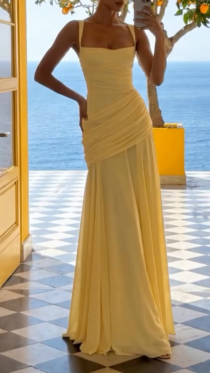 Yellow Square Neck Ruched Maxi Chiffon Gown  ### Product Title