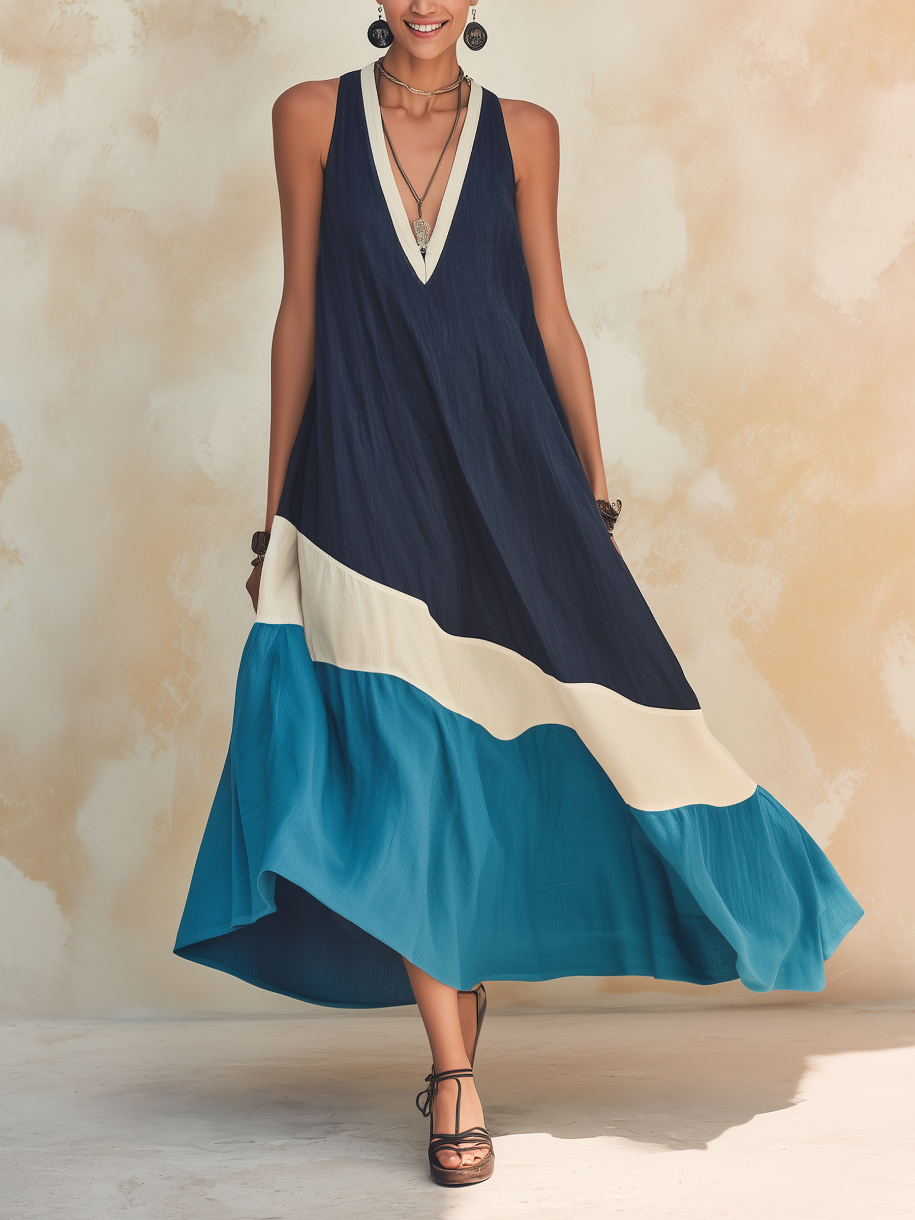 Color Block Linen-Blend Maxi Dress