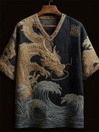 Japanese Golden Dragon & Sea Waves Embroidered Linen Shirt