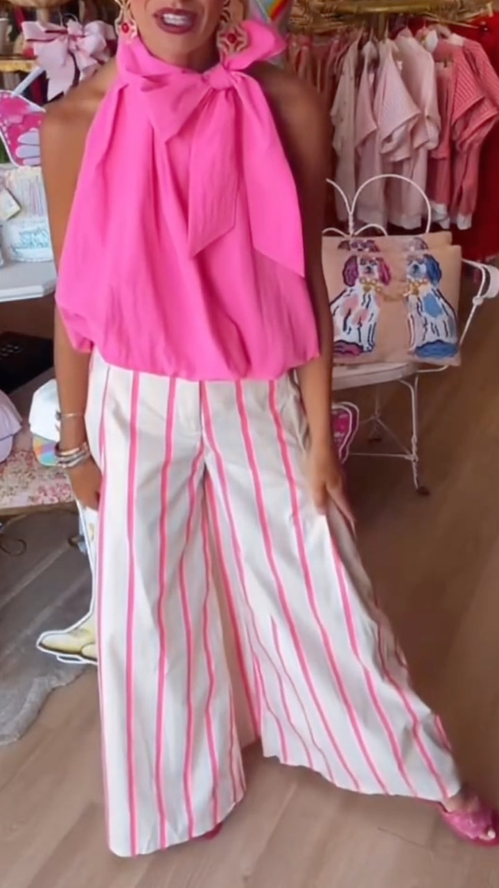 Bow Halter Top & Pink Stripe Wide Leg Pants Set