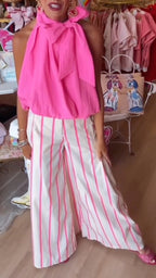 Bow Halter Top & Pink Stripe Wide Leg Pants Set