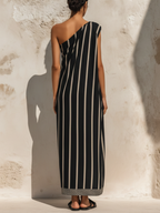 Black & Beige Striped One-Shoulder Maxi Dress