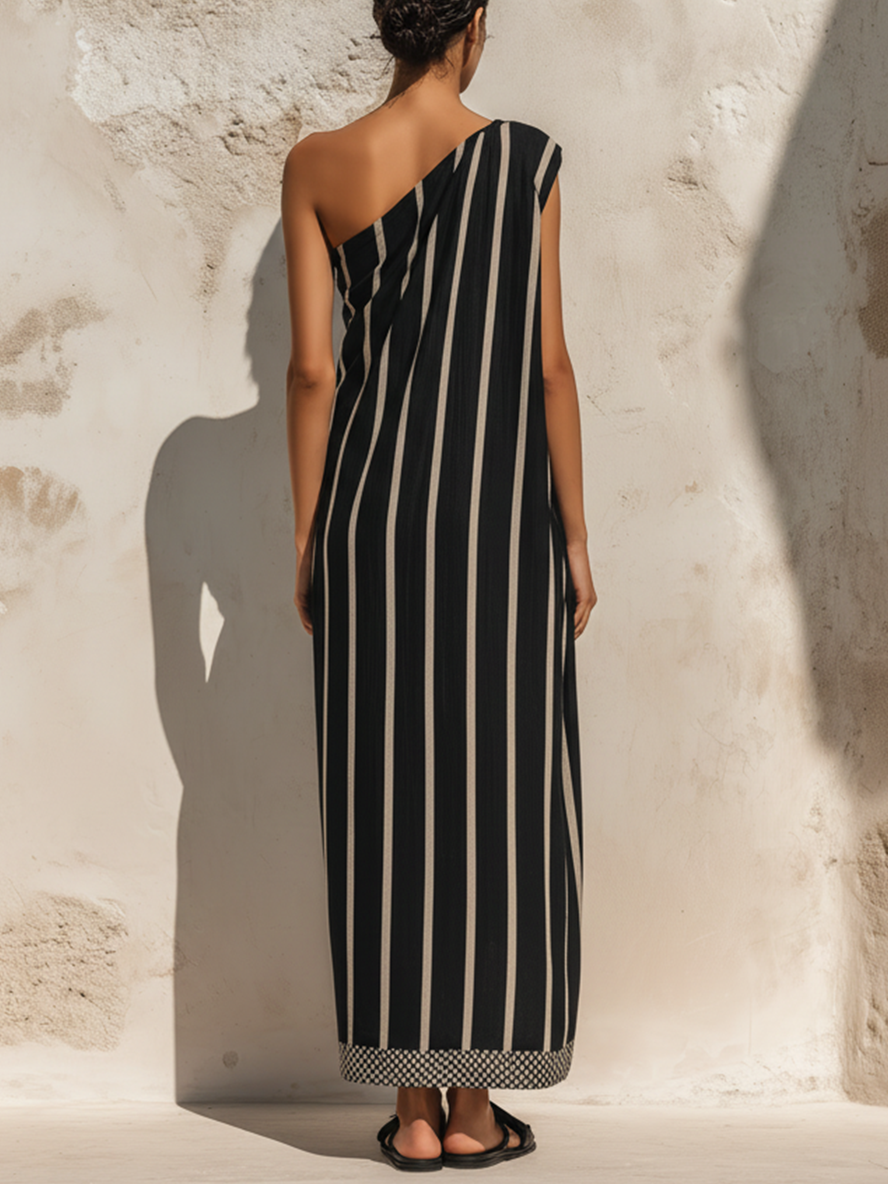 Black & Beige Striped One-Shoulder Maxi Dress