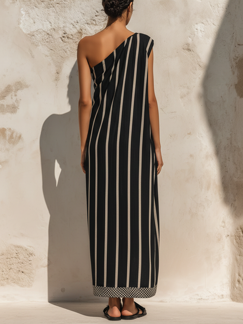 Black & Beige Striped One-Shoulder Maxi Dress