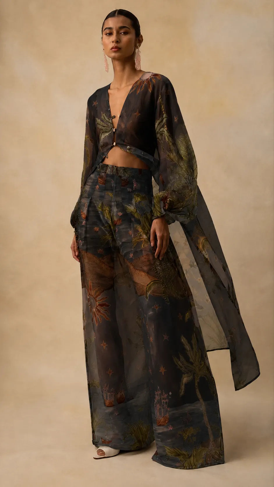 Tropical Voyage Print Sheer Cropped Top & Wide-Leg Pant Two-Piece