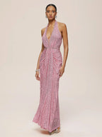 Pink Sequin Rhinestone Halter Sleeveless Sheath Maxi Dress