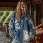 Vintage Bohemian Floral With  Japanese Traditional Sashiko Patchwork Art Embroidery Inspired Washed Hoodie