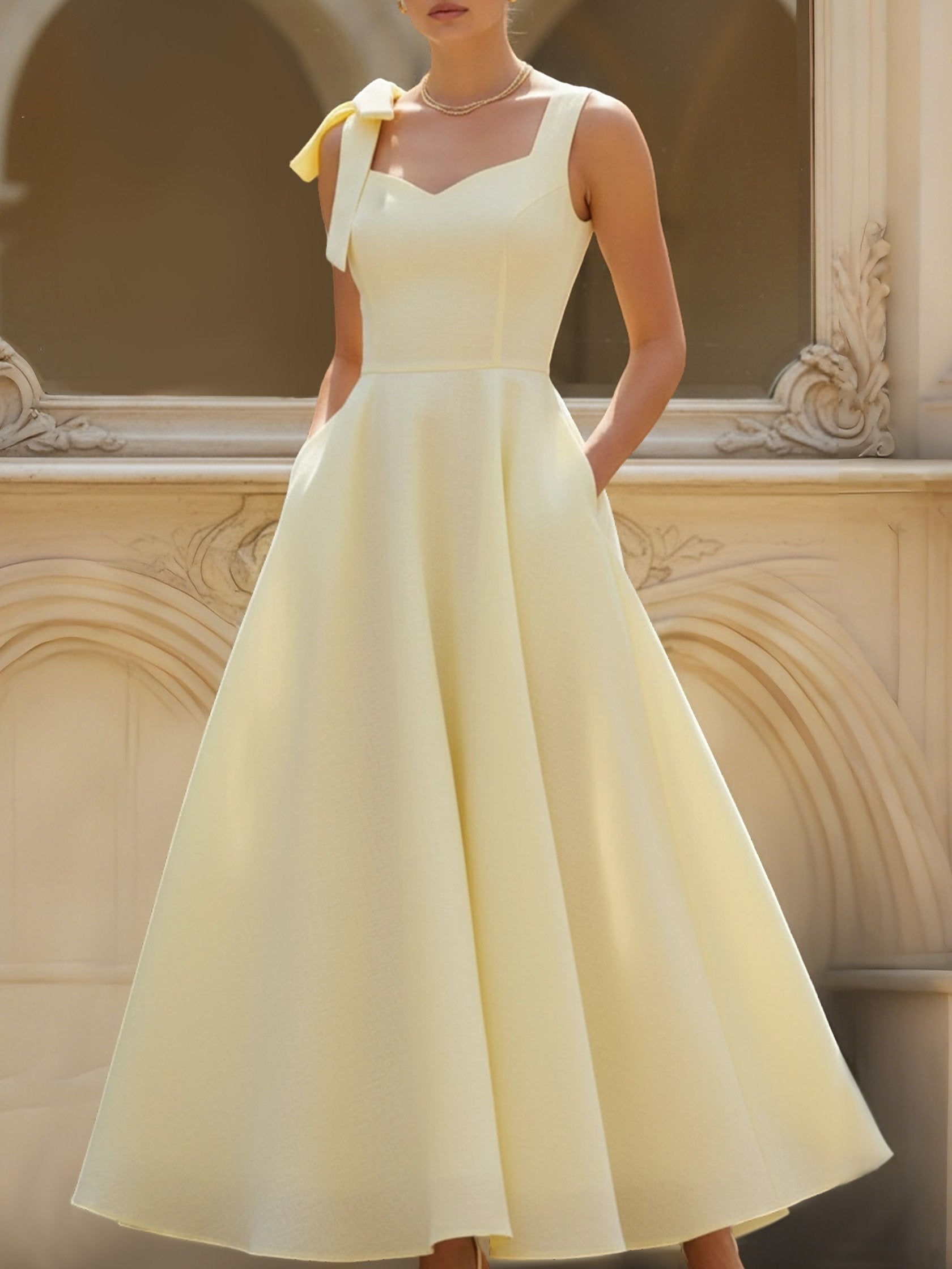 Maxi Linen Dress, Sleeveless, Square Neck, Plain, Bow, French Vintage, Light Yellow