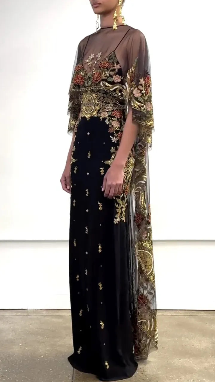 Black Embroidered Maxi Evening Gown