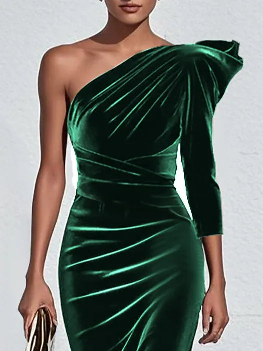 Green One Shoulder Three Quarter Sleeve Sheath Midi Velvet Dress