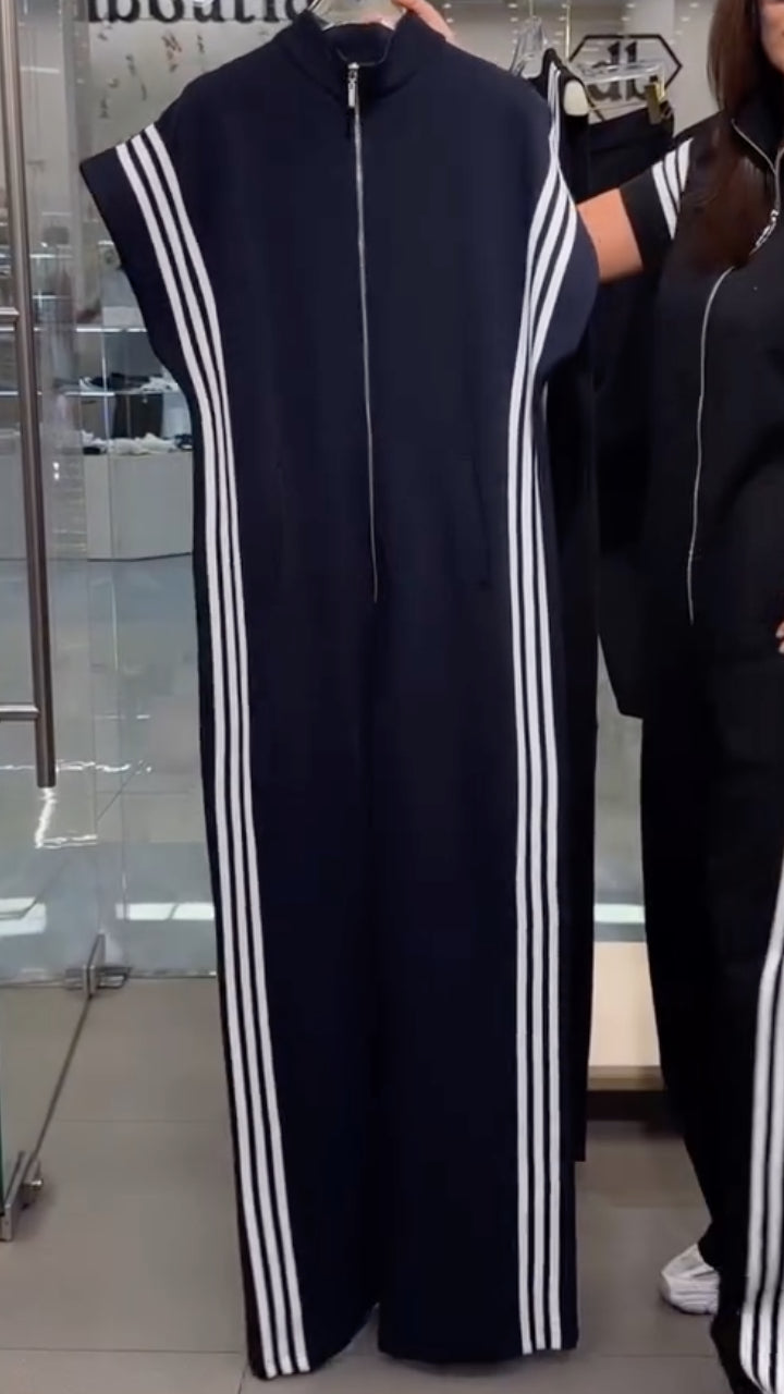 Black Stripe Side Zip‑Up Jumpsuit