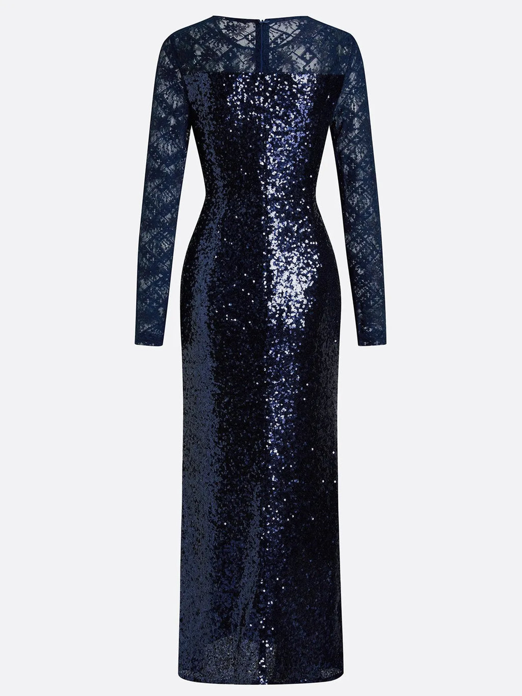 Navy Blue Lace Sequin Crew Neck Long Sleeve Sheath Maxi Dress