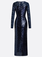 Navy Blue Lace Sequin Crew Neck Long Sleeve Sheath Maxi Dress